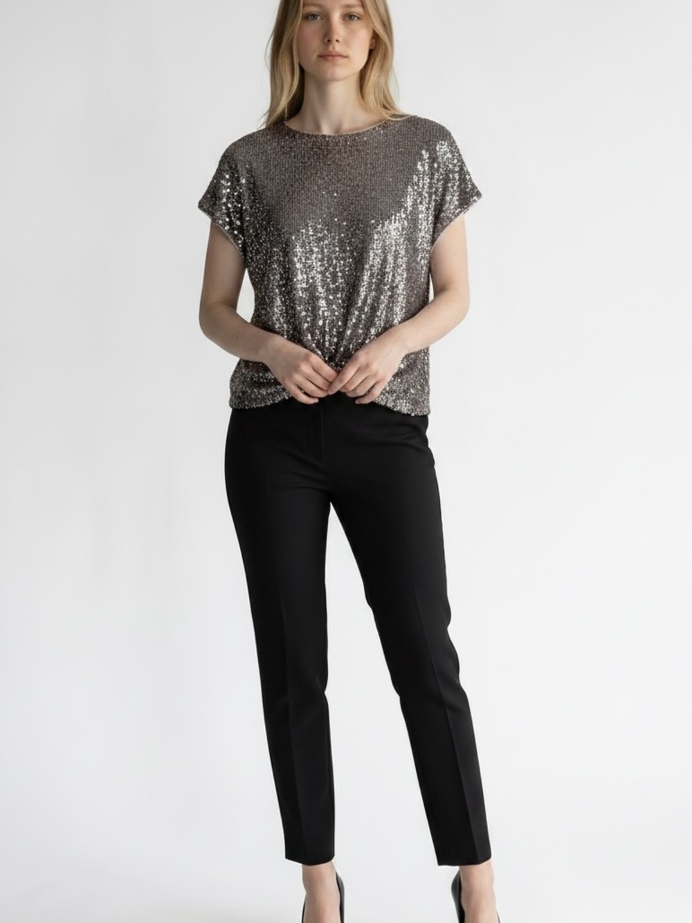 LOFT XLP Silver Sequin Cap Sleeve Blouse